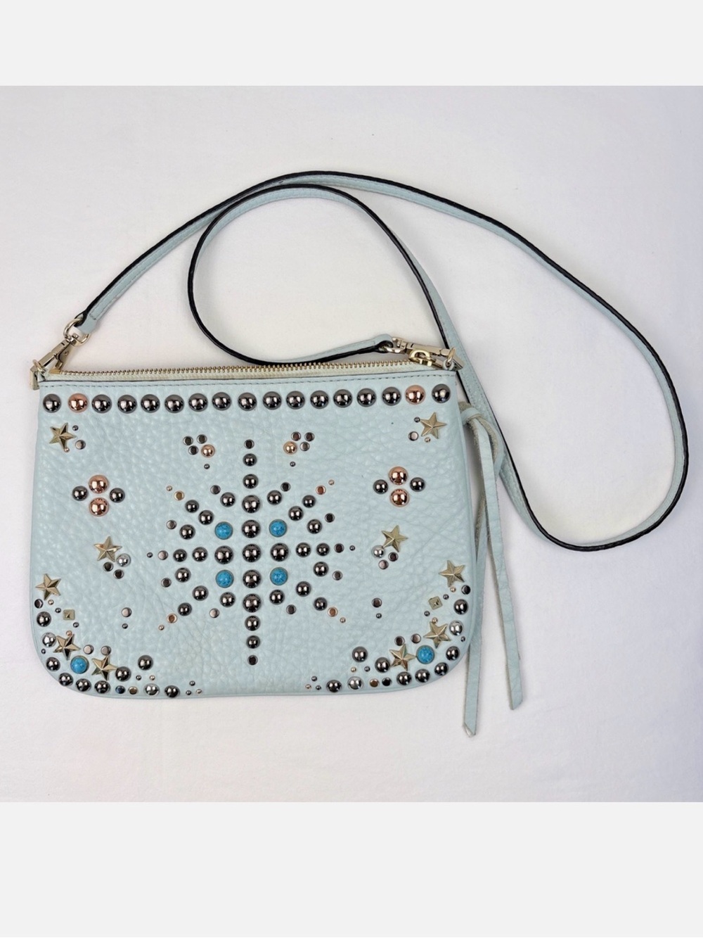 Rebecca Minkoff Studded Light Blue Pebbled Embellished Crossbody